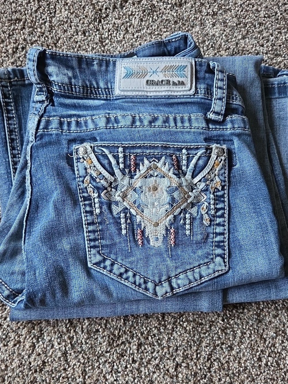 Grace in LA Light Blue Embroidered Bootcut Jeans